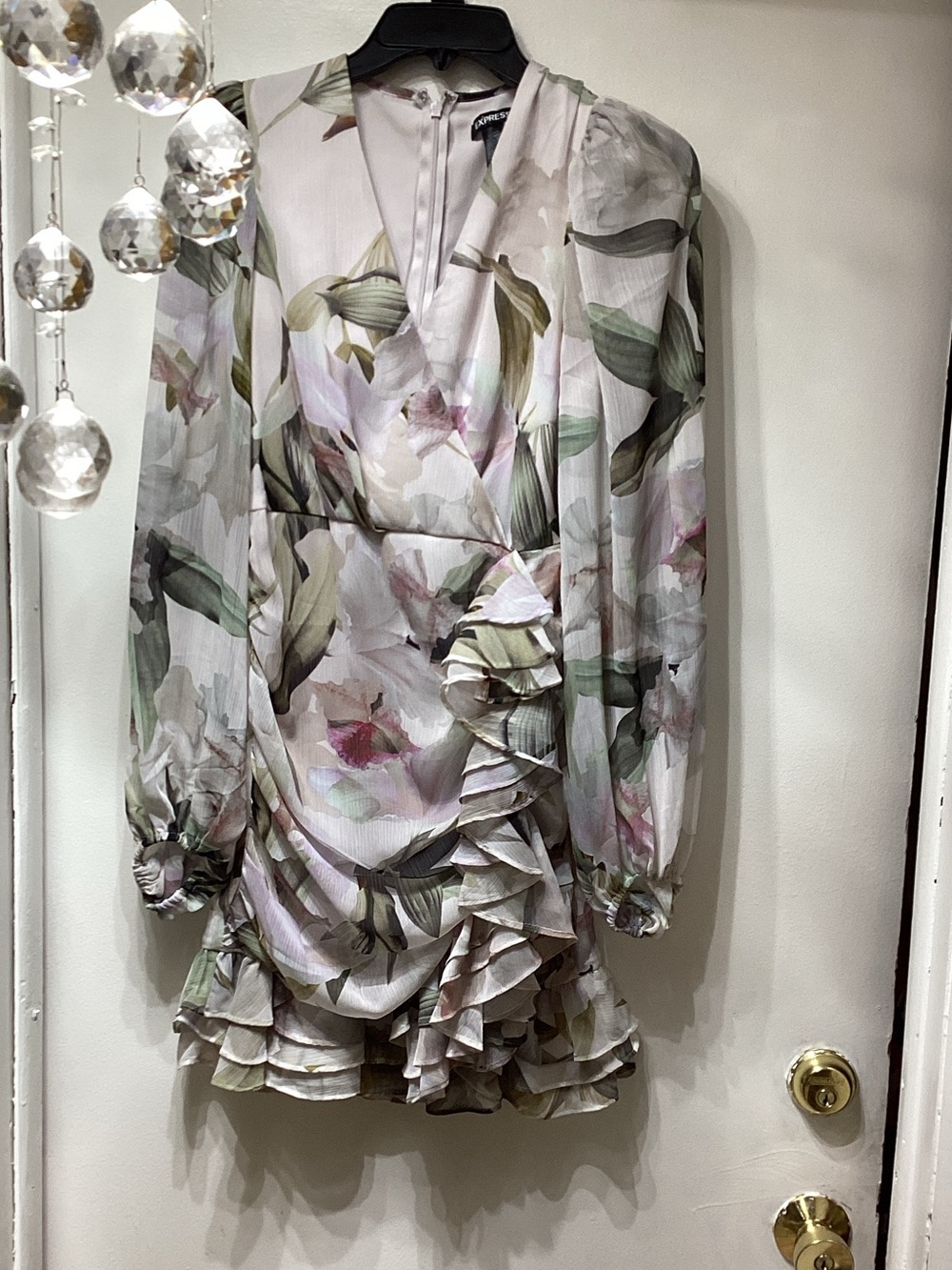 Express Floral Ruffle Mini Dress - Soft Green/Pink/Cream